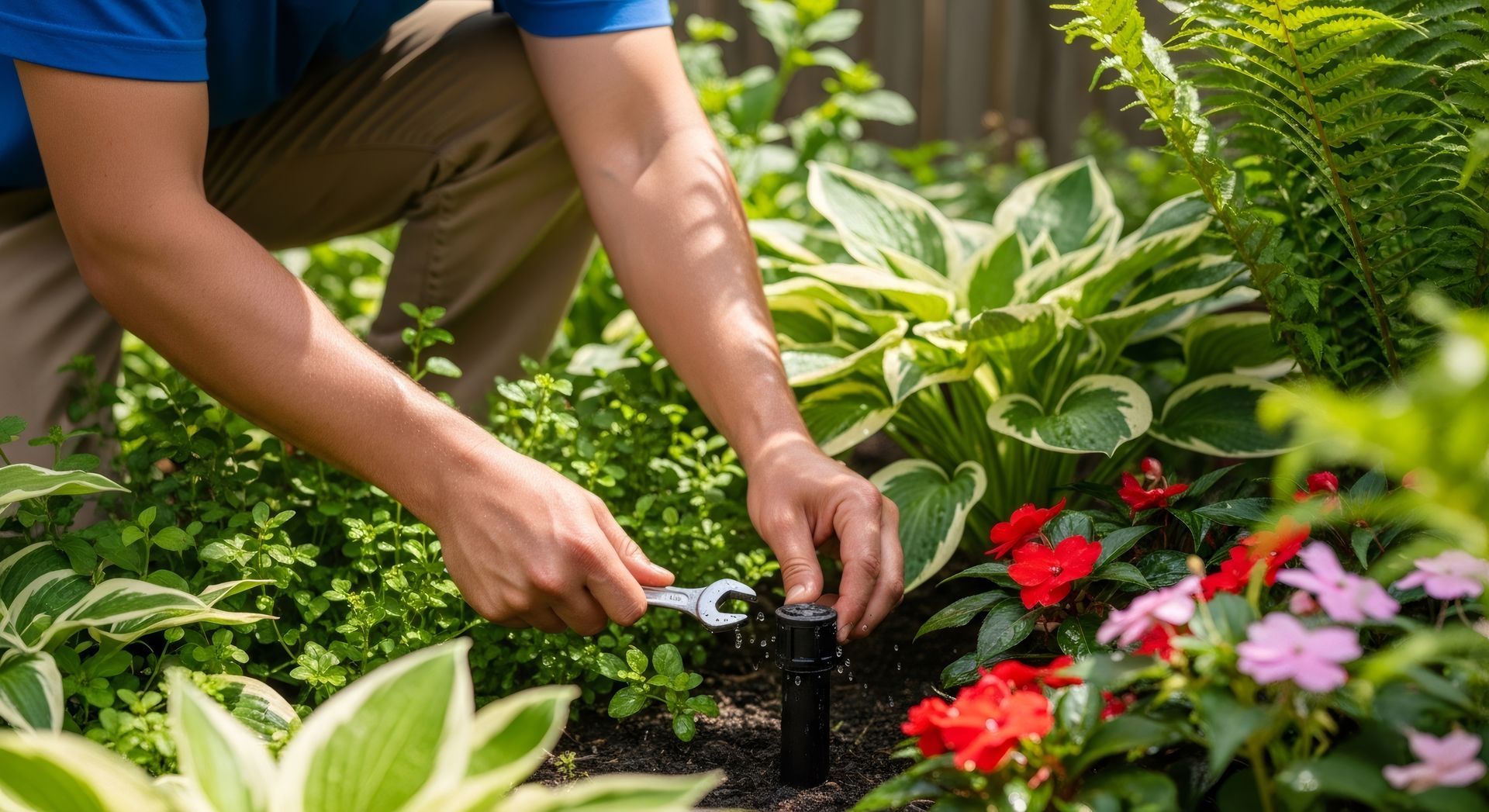 Expert technician using a wrench for precise sprinkler system service to optimize garden watering. Expert technician using a wrench for precise sprinkler system service to optimize garden watering.