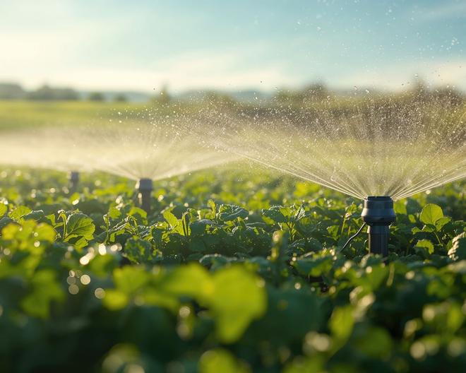 Automated watering system in a vegetable garden supporting plant health.