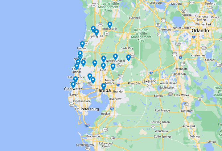 A map of florida with a lot of pins on it.