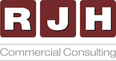 The logo for rjh commercial consulting is red and white.