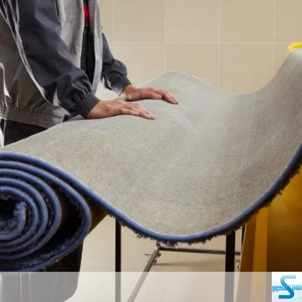 Un uomo tiene in mano un tappeto arrotolato con la lettera s nell'angolo