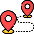 Dos pines de mapa rojos con una línea amarilla entre ellos sobre un fondo blanco.