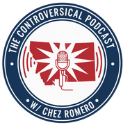 Podcast logo: white, red, and blue circular design. Montana outline, microphone, and "The Controversical Podcast w/ Chez Romero".