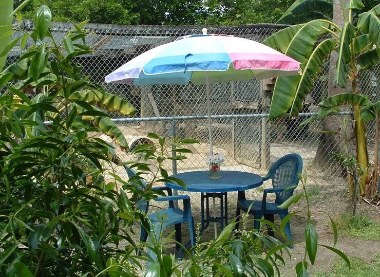 A table and chairs under an umbrella in front of a chain link fence
