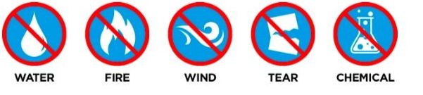 A set of signs that say no water , fire , wind , tear , and chemical.