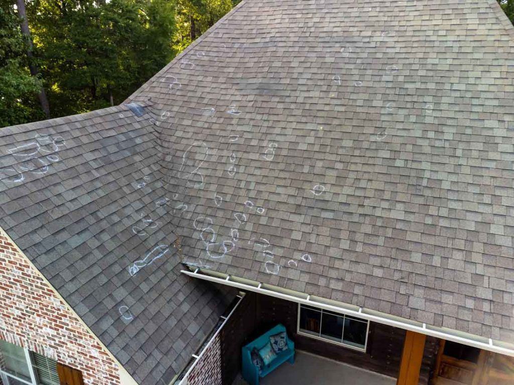 An aerial view of a roof of a house.