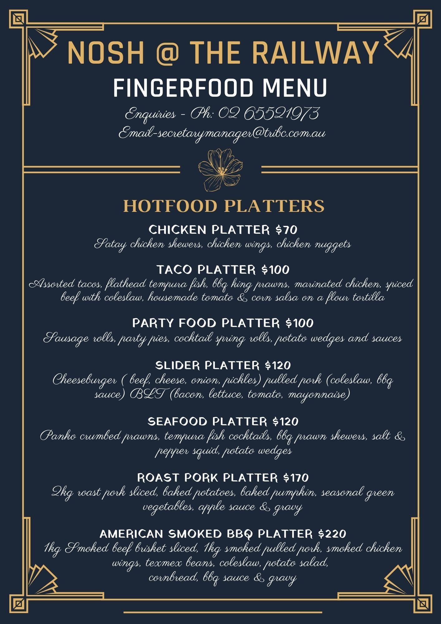 A menu for hot food platters includes chicken taco and seafood