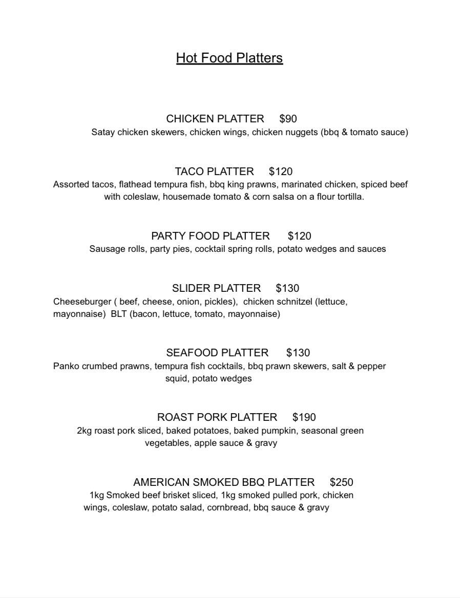 A menu for hot food platters includes chicken taco and seafood