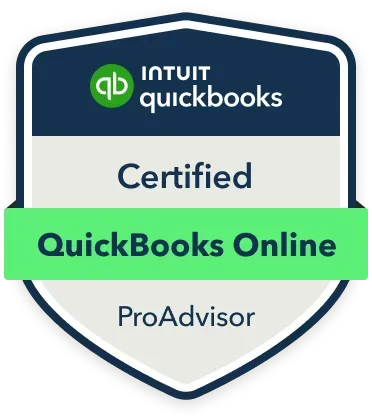 Intuit ProAdvisor Gold badge, teal and gold shield-shaped with stars.