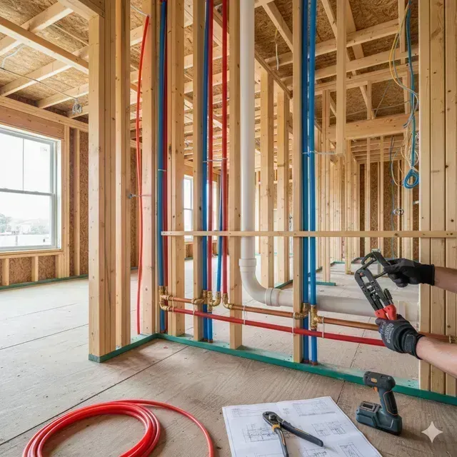 Plumbing installation in new construction: red, blue, and white pipes in wood frame with person using pliers.