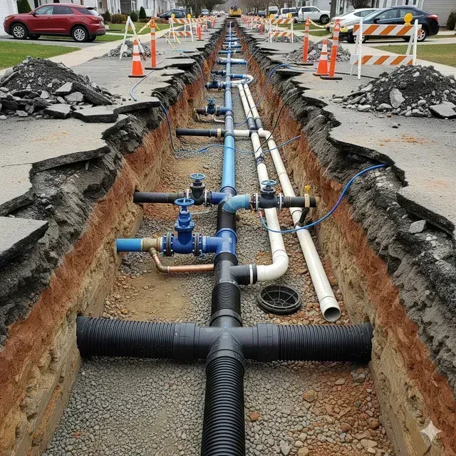 Trench in street with various pipes and valves, orange cones, and damaged asphalt.