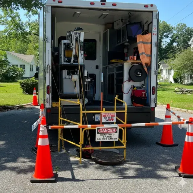 Rear view of a work truck with open back and safety barriers set up near a manhole.
