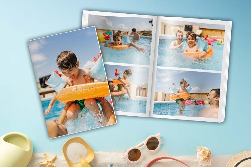 A printed book with a picture of a man and a woman on the beach