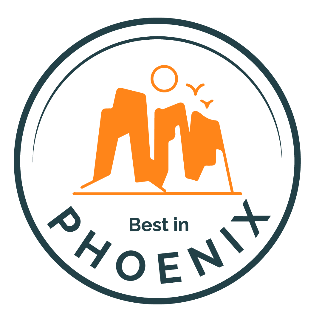 a logo for phoenix best in phoenix with a mountain and birds in a circle .