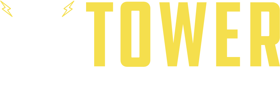 The logo for Tower Fitness with lightning bolts