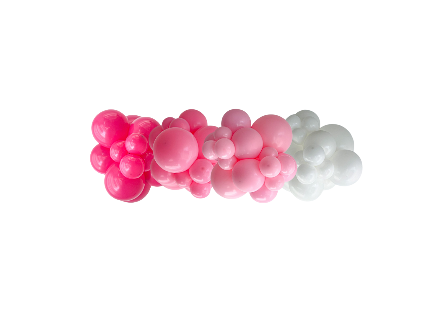 A bunch of pink and white balloons on a white background.