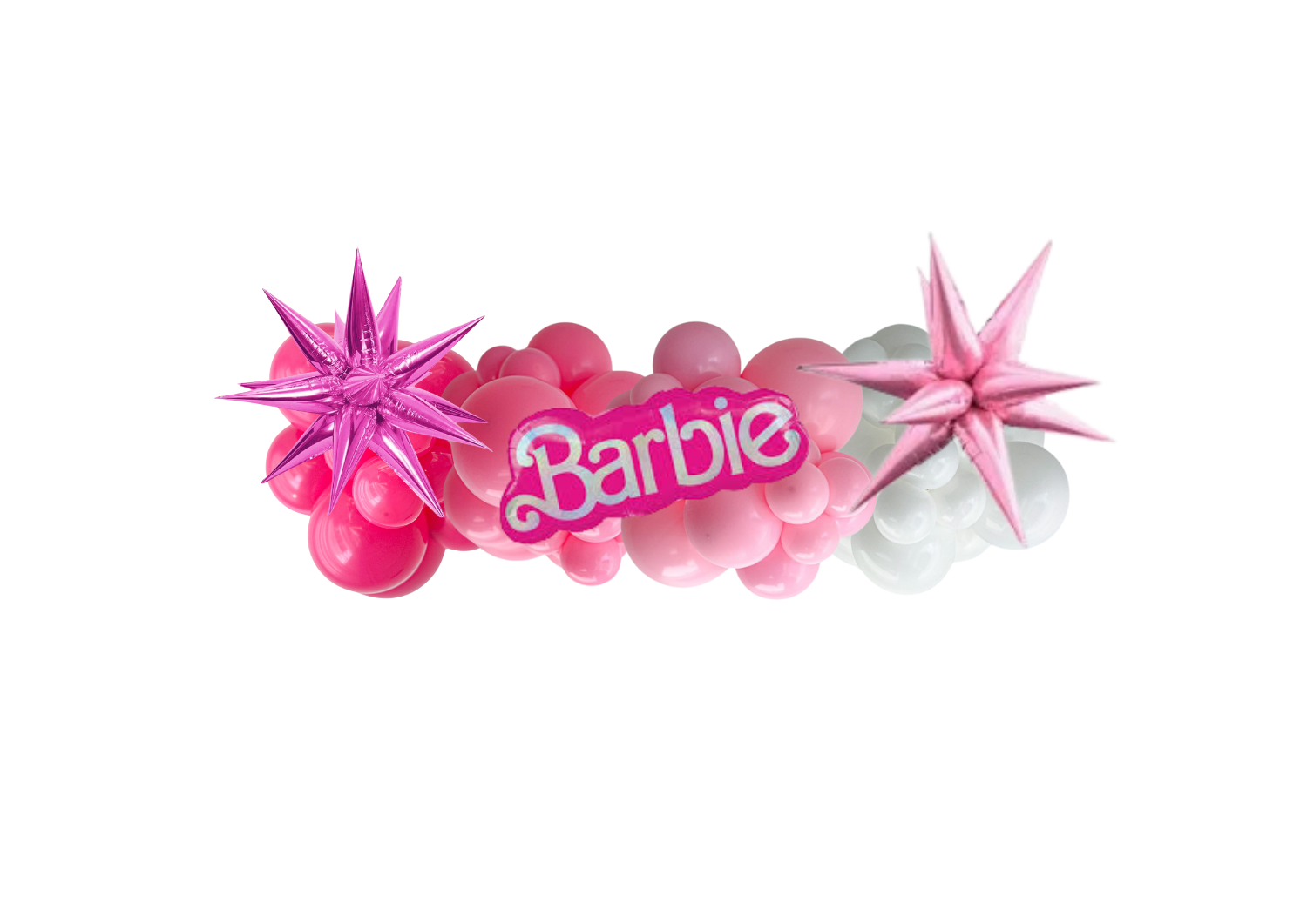 A barbie logo with pink balloons and stars on a white background.