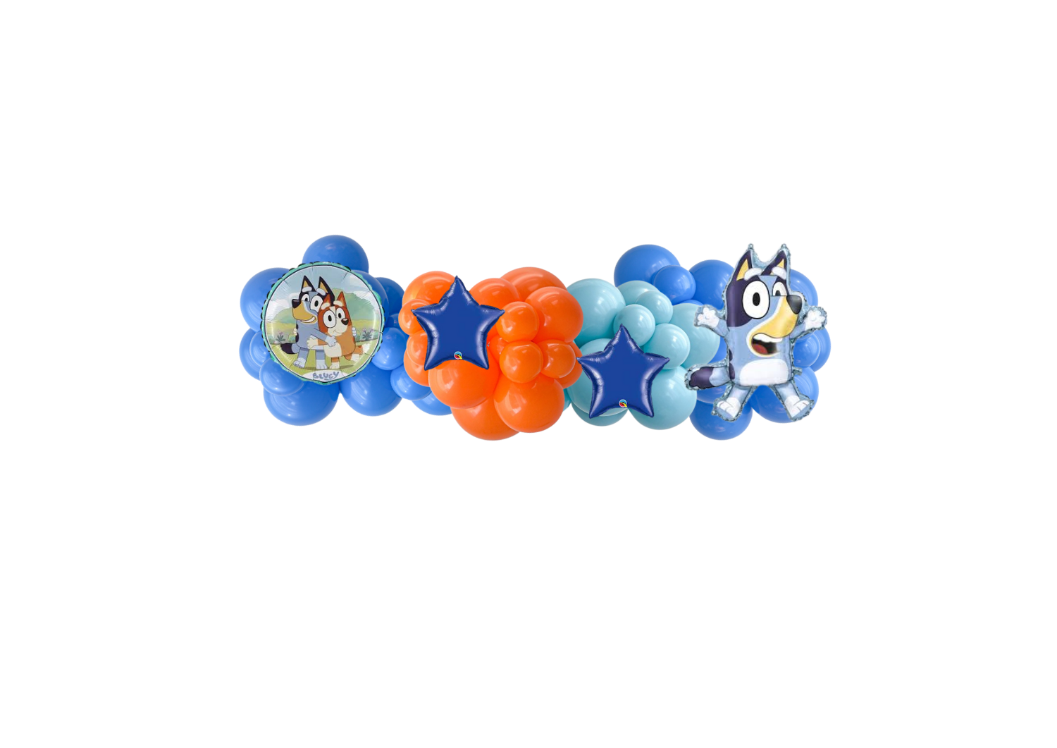 A bunch of blue and orange balloons on a white background.