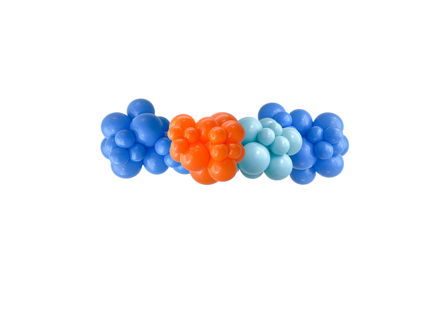 A bunch of blue and orange balloons on a white background.