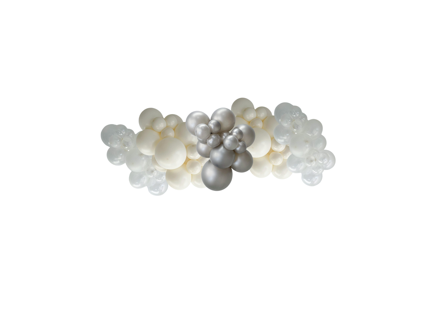A bunch of white and silver balloons on a white background.
