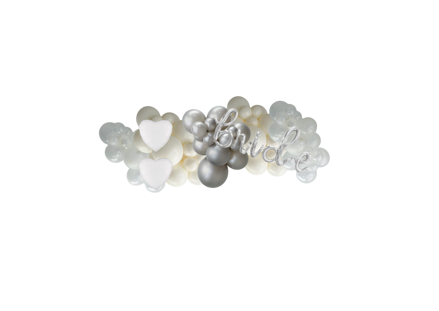 A bunch of white and silver balloons with hearts on a white background.