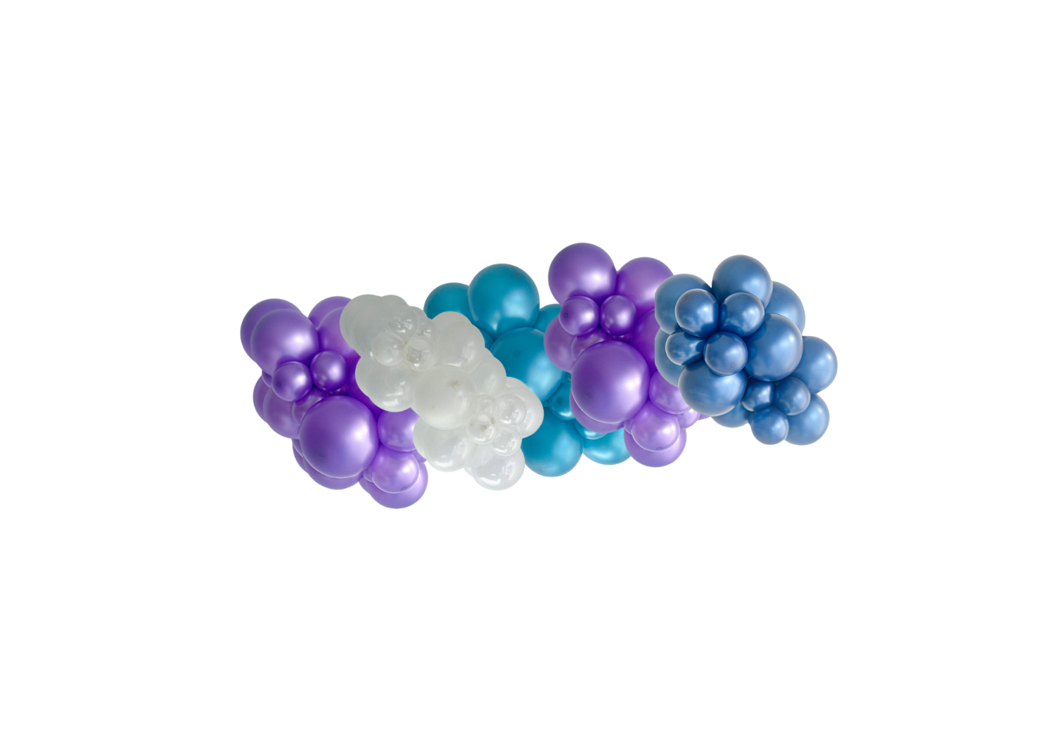A bunch of purple , blue , and white balloons on a white background.