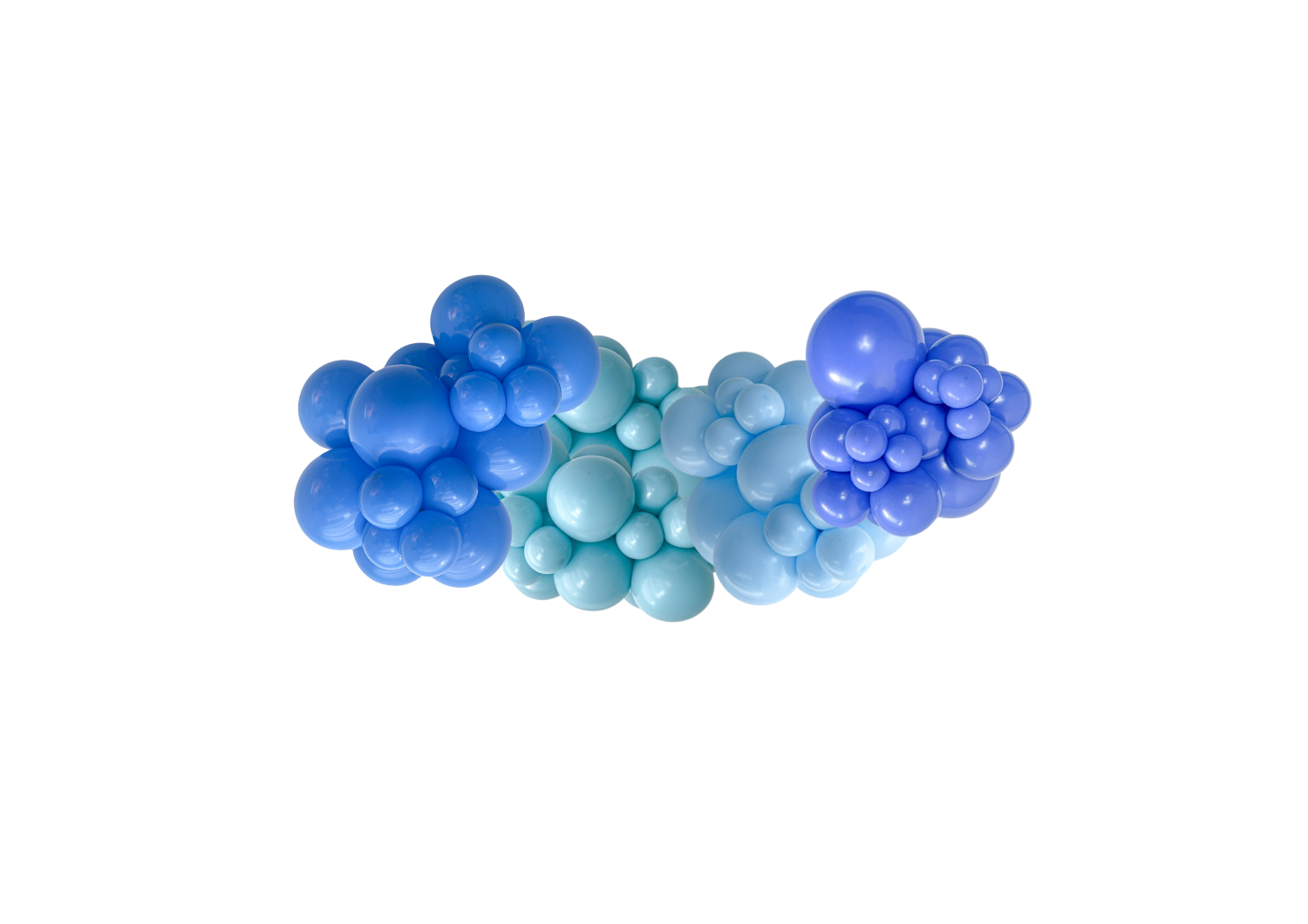 A bunch of blue and purple balloons on a white background.