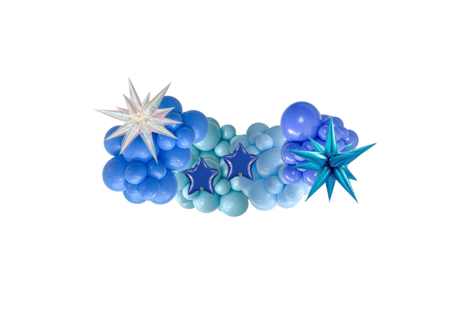 A bunch of blue balloons and stars on a white background.