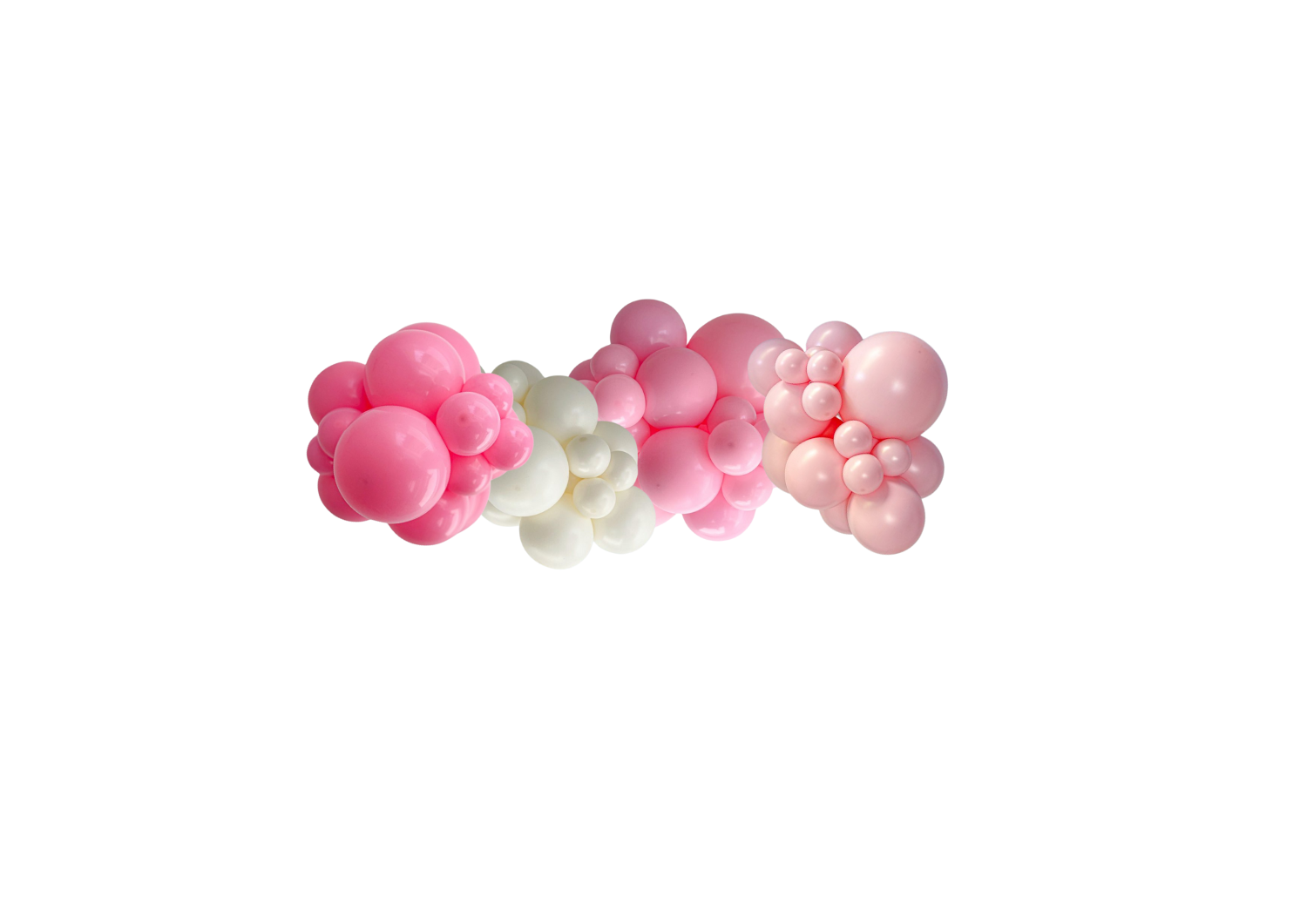 A bunch of pink and white balloons on a white background.