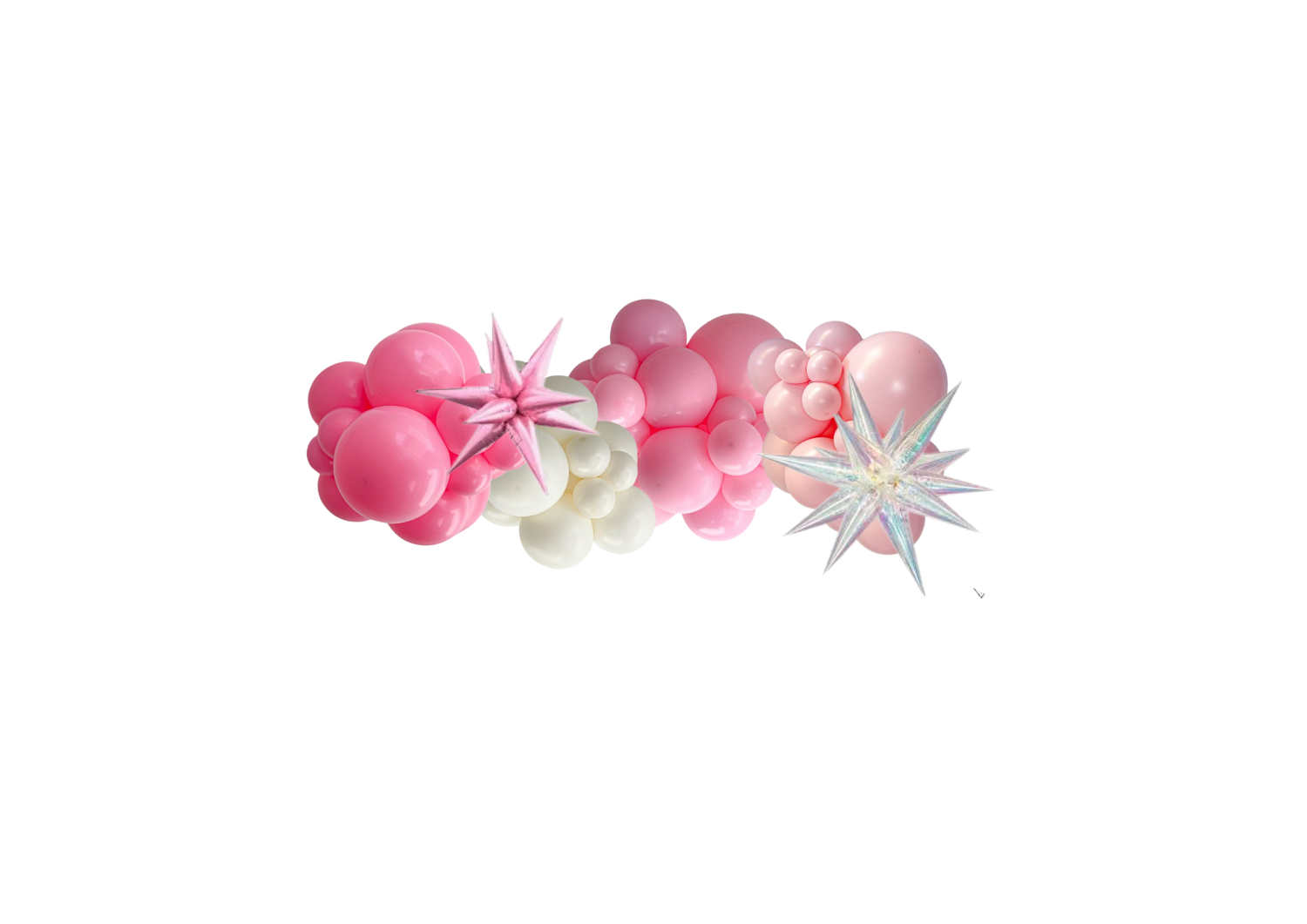 A bunch of pink and white balloons with stars on a white background.