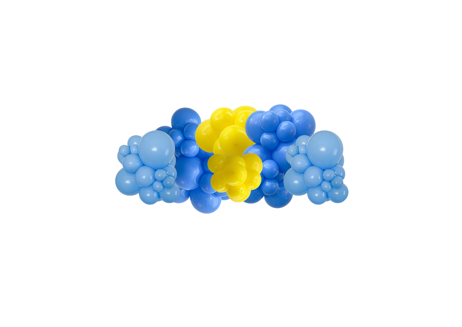 A bunch of blue and yellow balloons on a white background.