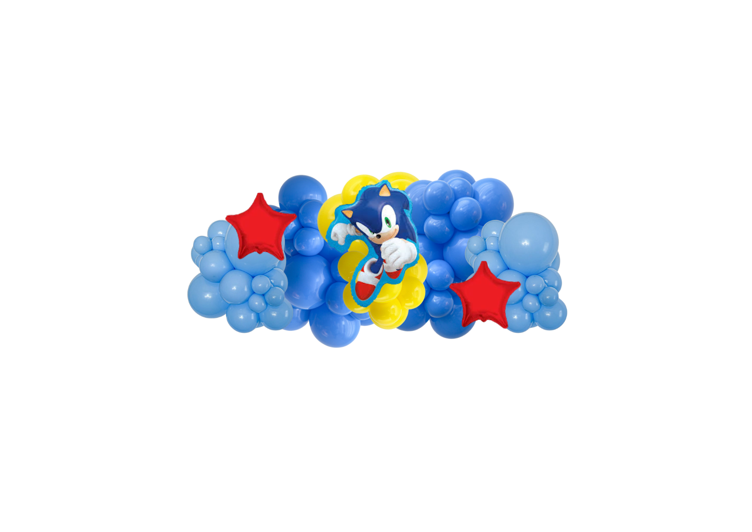 A bunch of blue and yellow balloons with a picture of sonic the hedgehog on them.