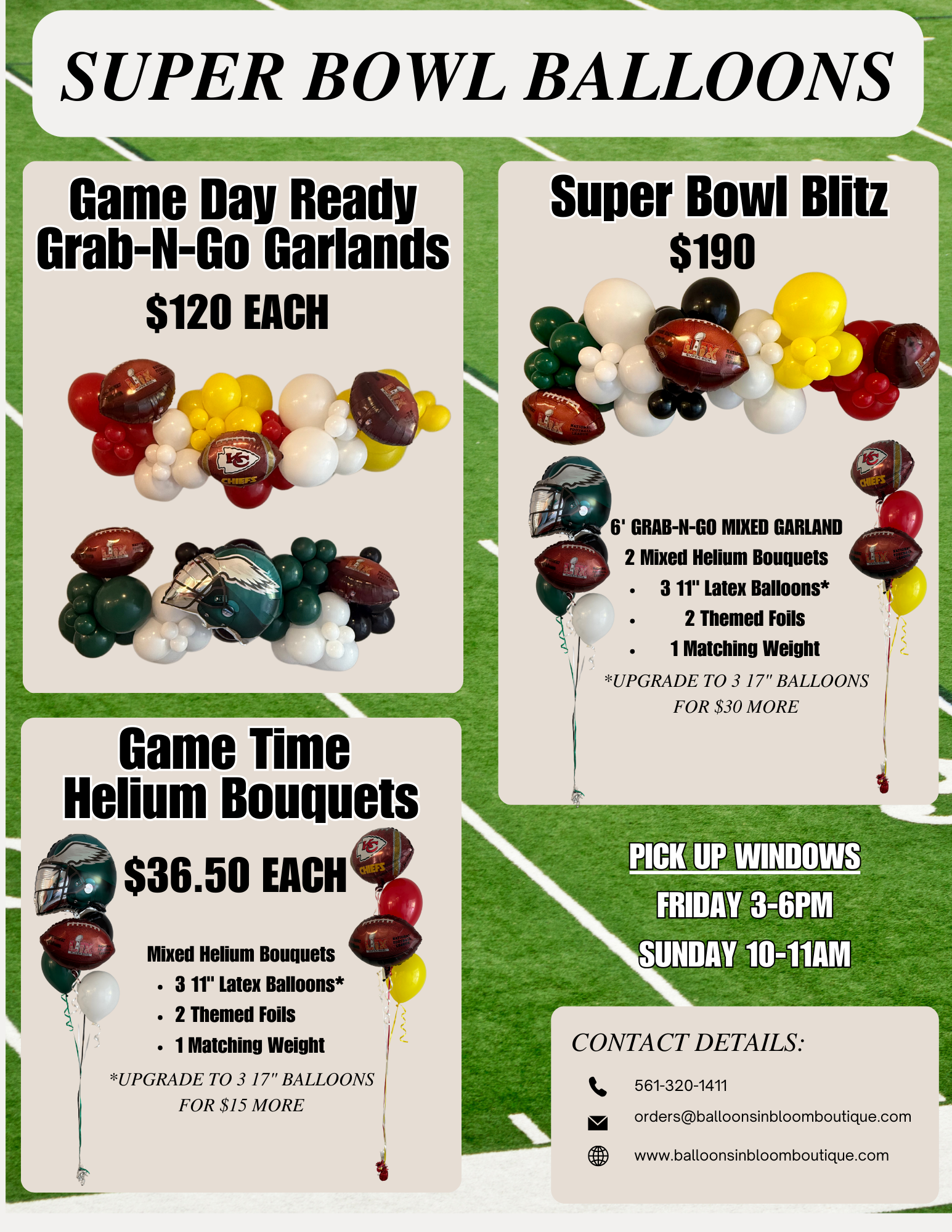 A poster for super bowl balloons with a football theme.