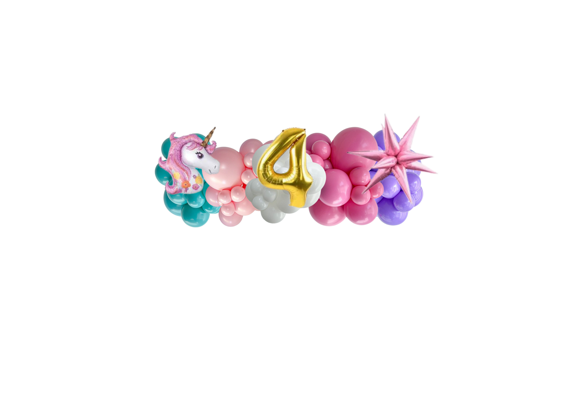 A bunch of colorful balloons with a unicorn and a number four balloon.