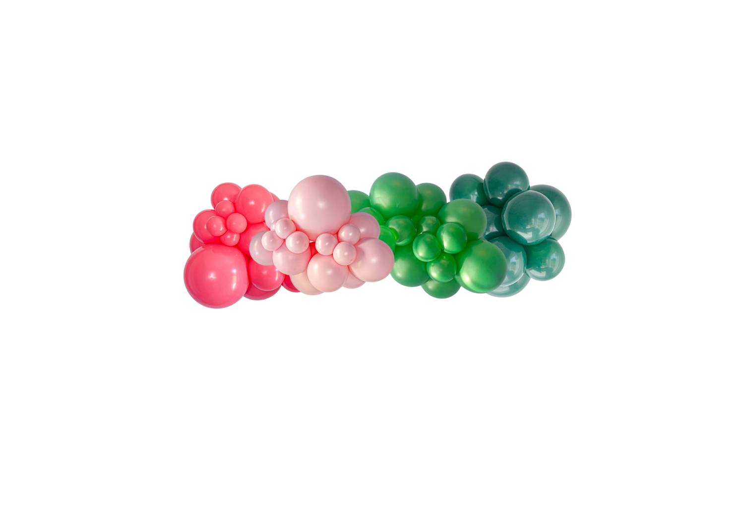 A bunch of pink and green balloons on a white background.