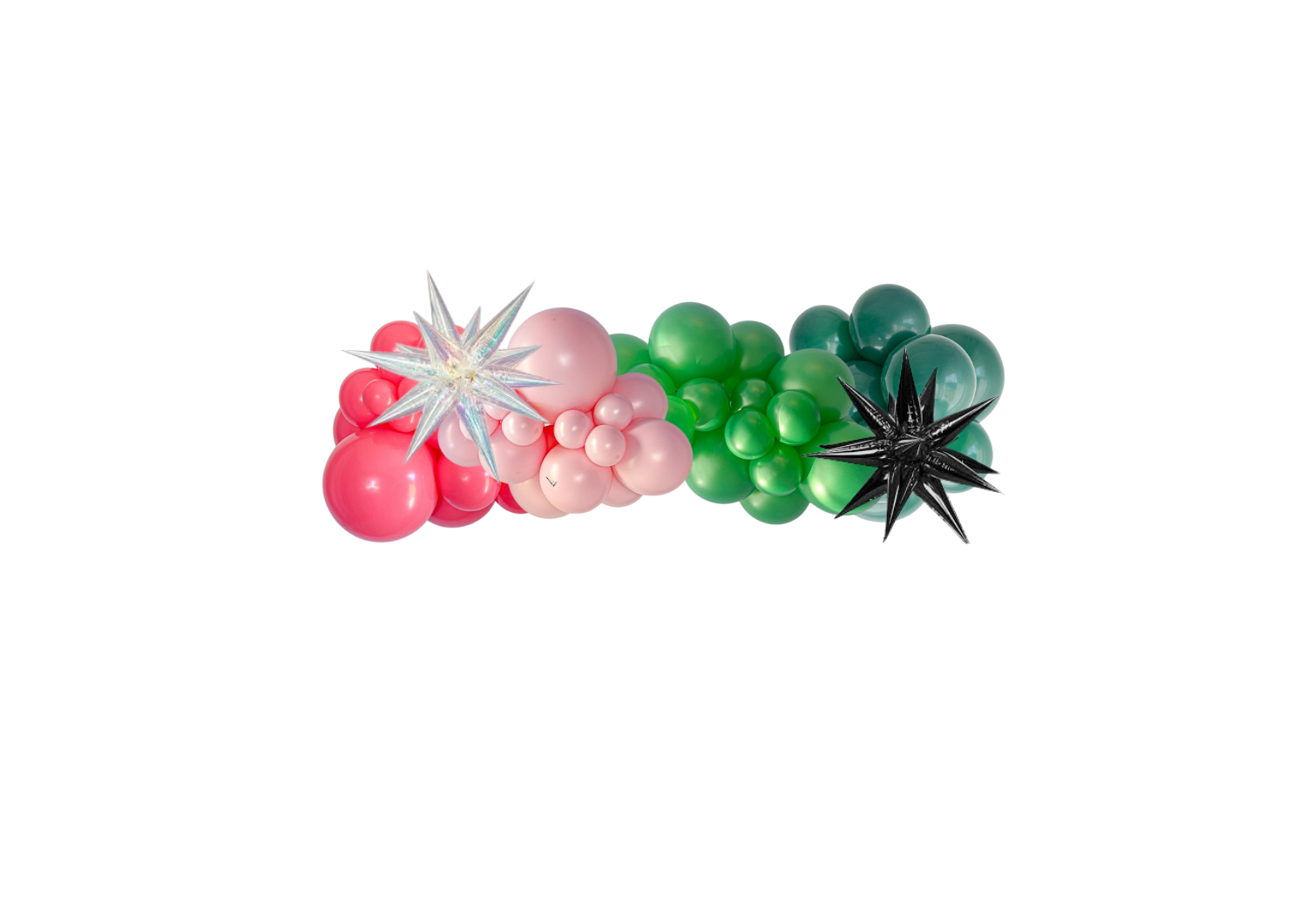 A bunch of balloons are lined up in a row on a white background.