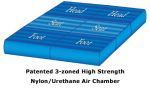A blue mattress with a patented 3 zoned high strength nylon / urethane air chamber.