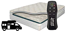 A mattress with a remote control next to it and a picture of a rv.
