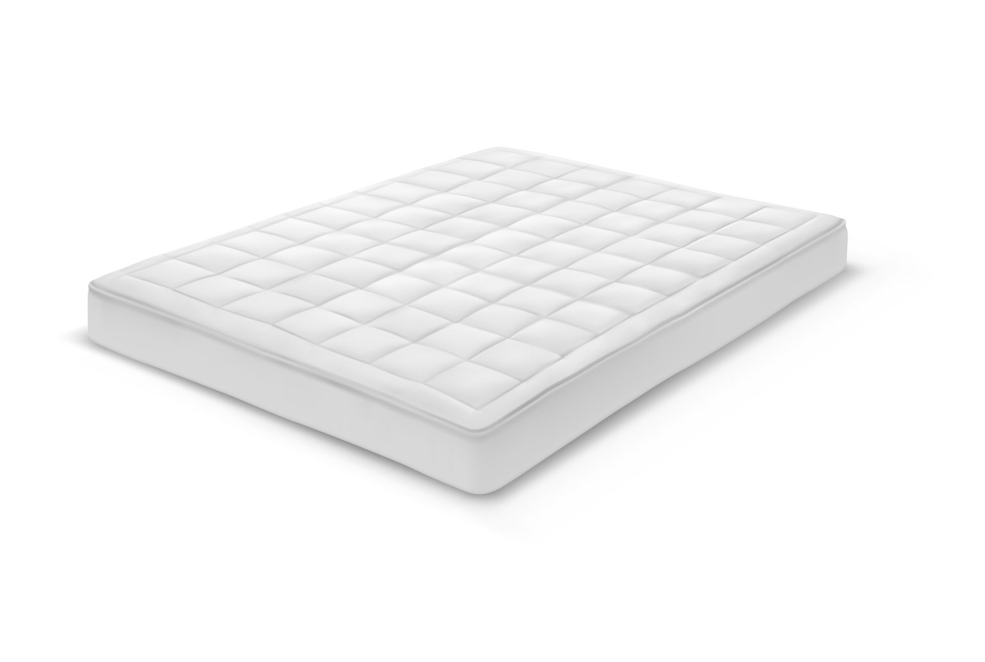 A white mattress with a quilted cover on a white background.