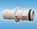A white plastic hose connector with a rubber ring on a blue background.