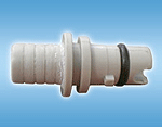 A close up of a white hose connector on a blue background.