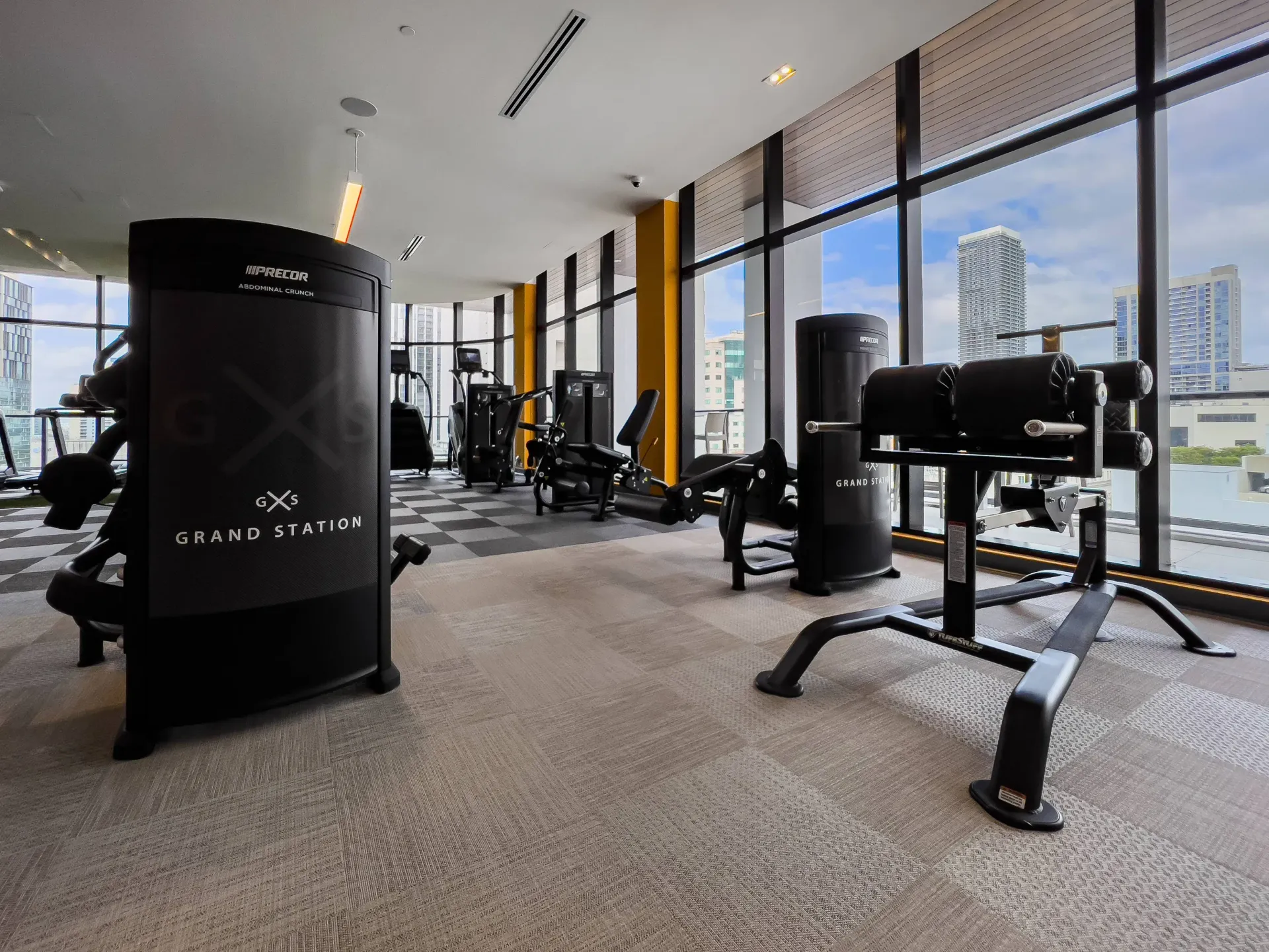 Gym workout area with cardio machines and weight equipment by large windows