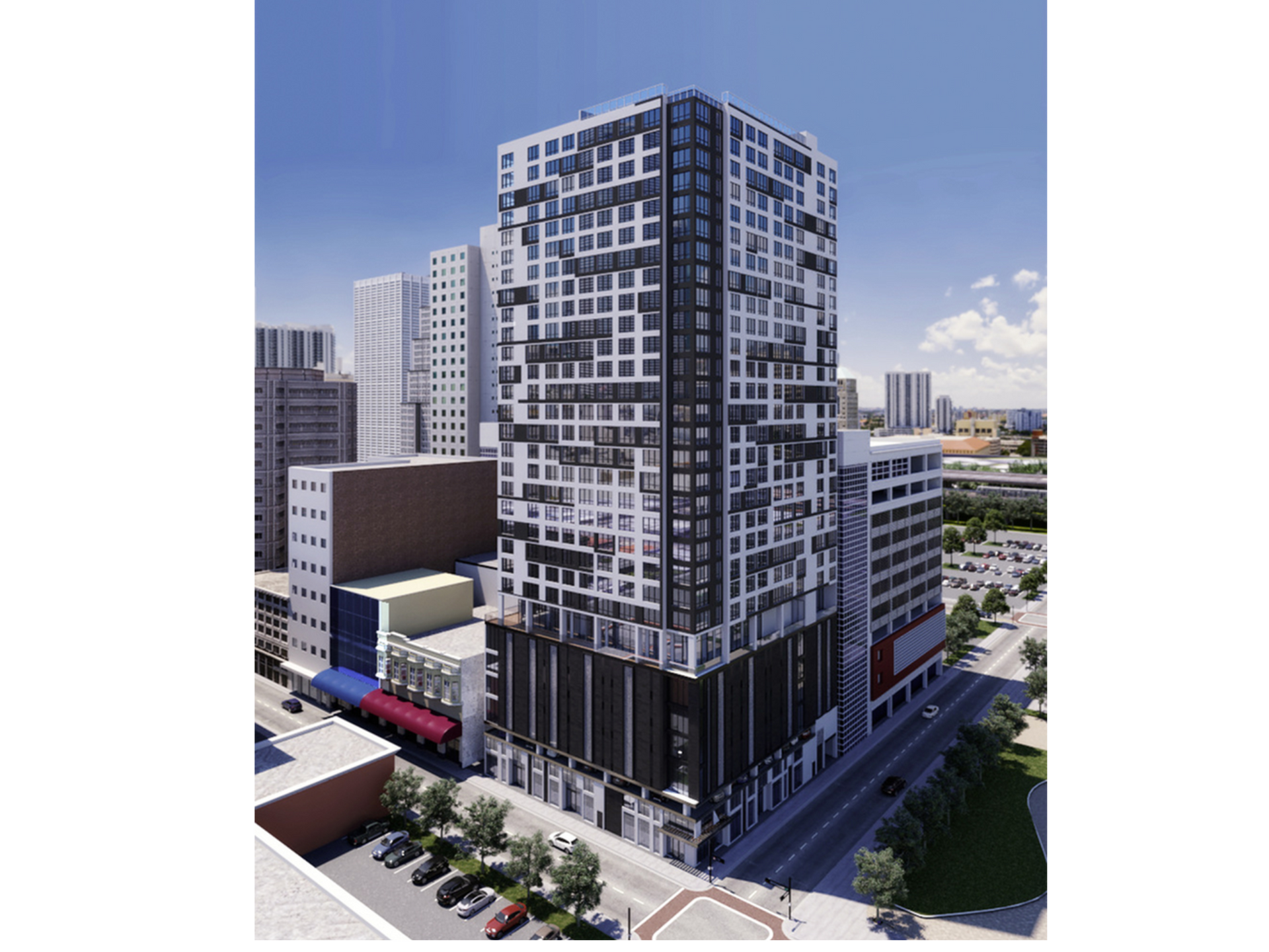 Exterior view of a tall modern apartment building with a glass and concrete façade along a city street.