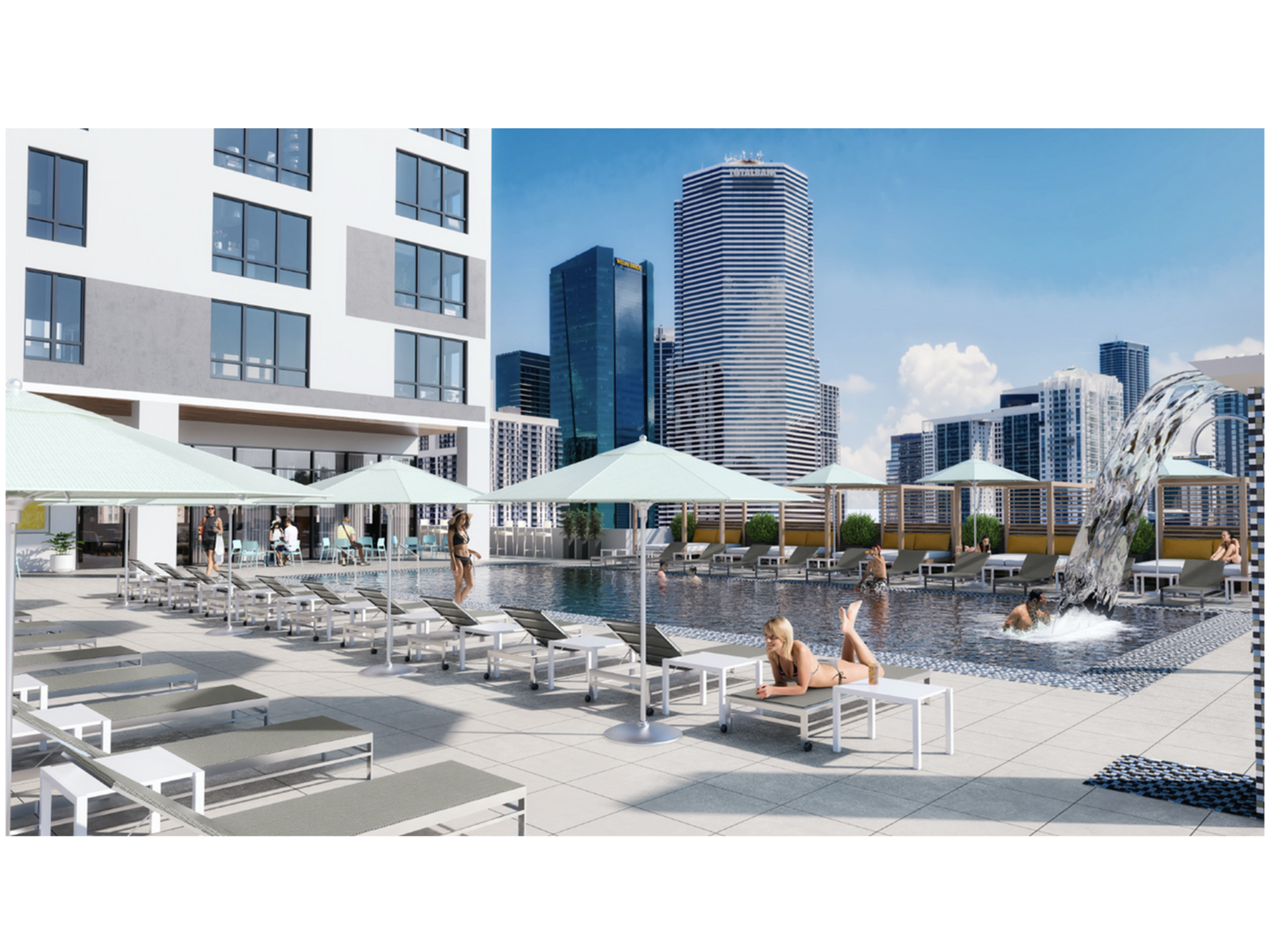 Rooftop pool deck with lounge chairs, umbrellas, and a city skyline.
