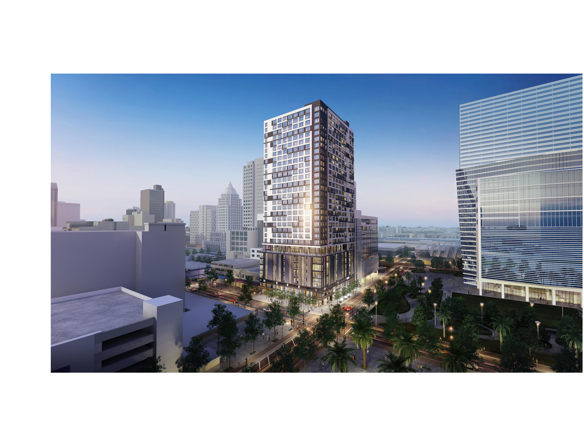 Rendering of a modern high-rise apartment building with a city skyline.