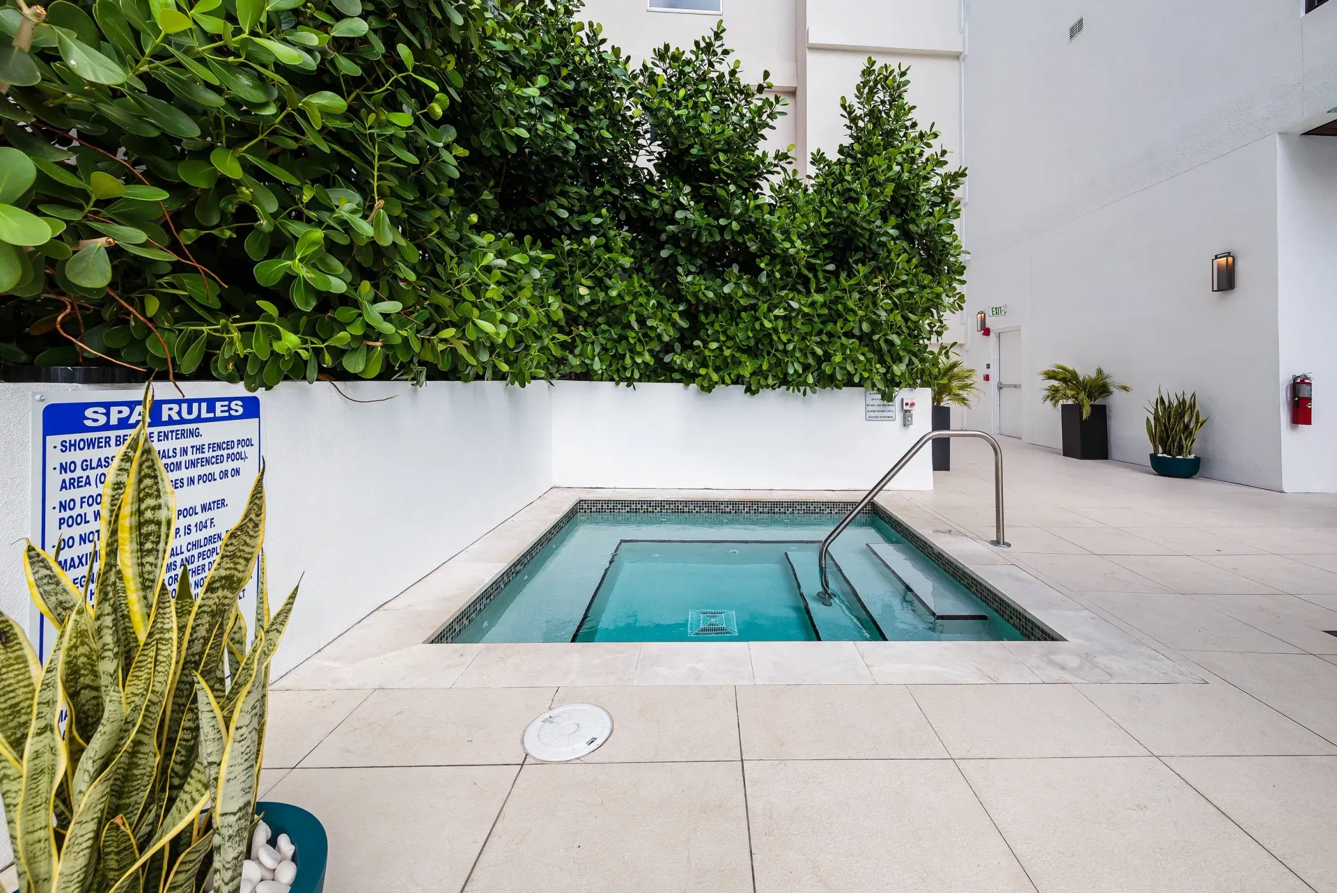 Small rectangular pool in an apartment courtyard with white walls and green hedges.