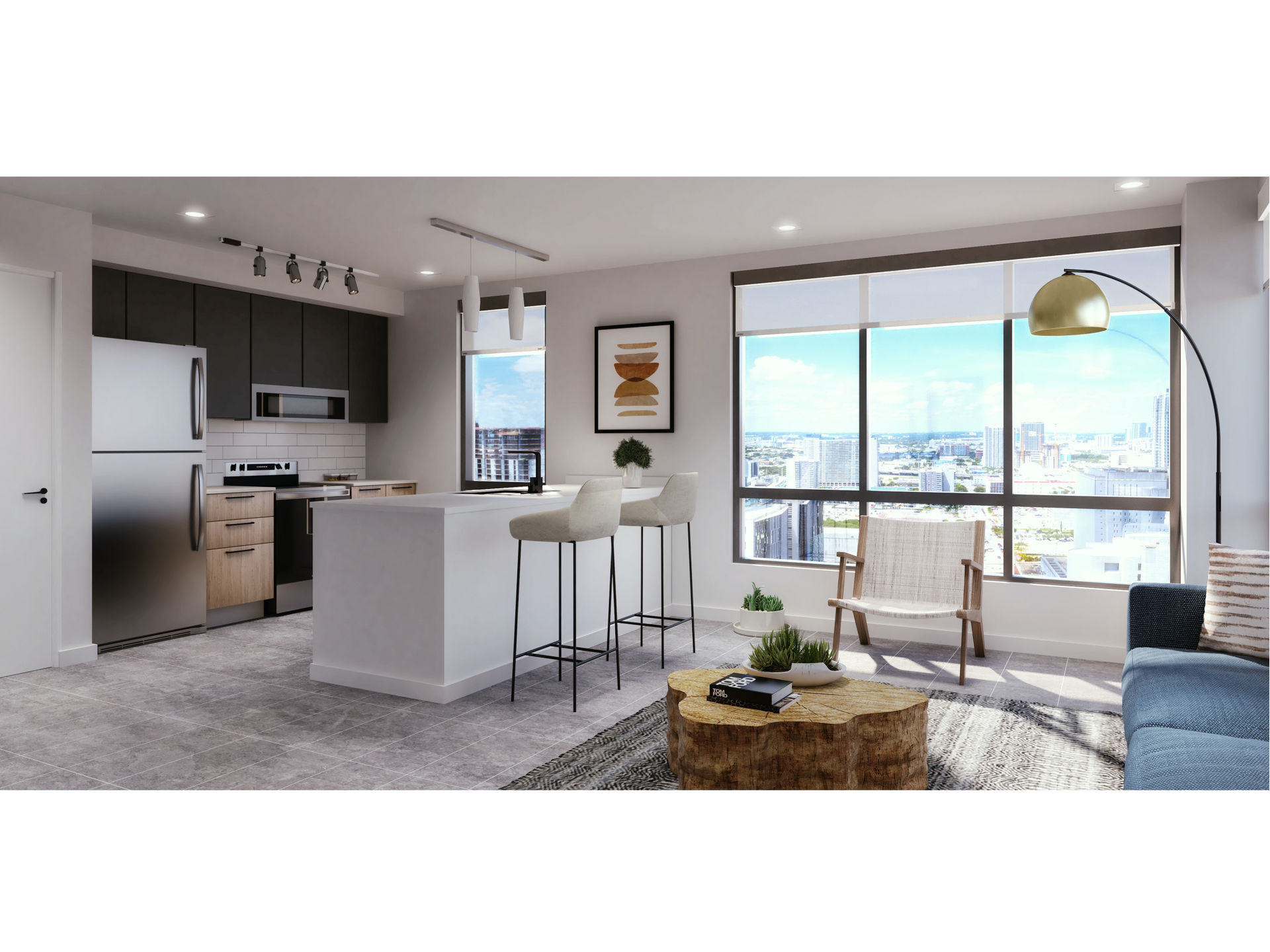 Open-concept apartment interior with a kitchen island, bar stools, and a large window with city views.