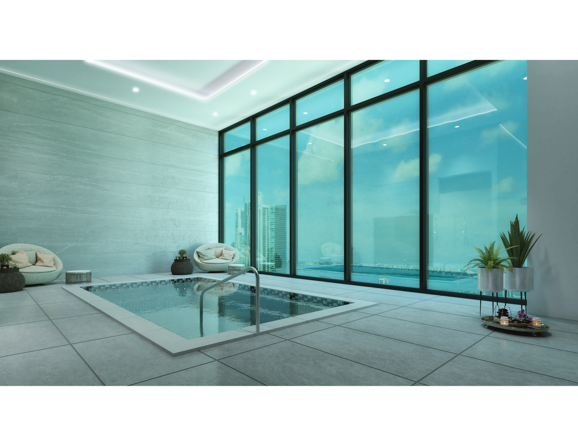 Indoor pool area with floor-to-ceiling glass windows and lounge seating.