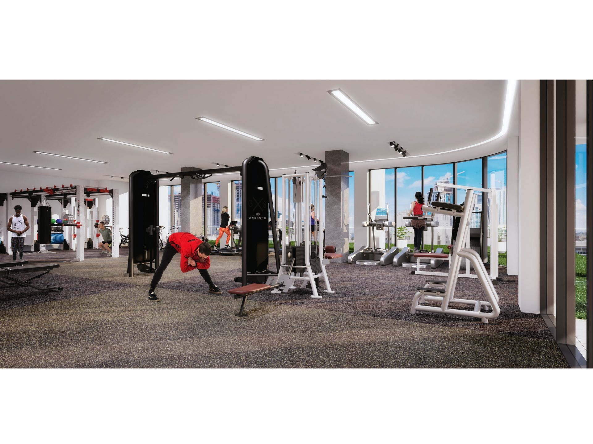 Indoor modern gym with people using weight machines and cardio equipment by large windows.