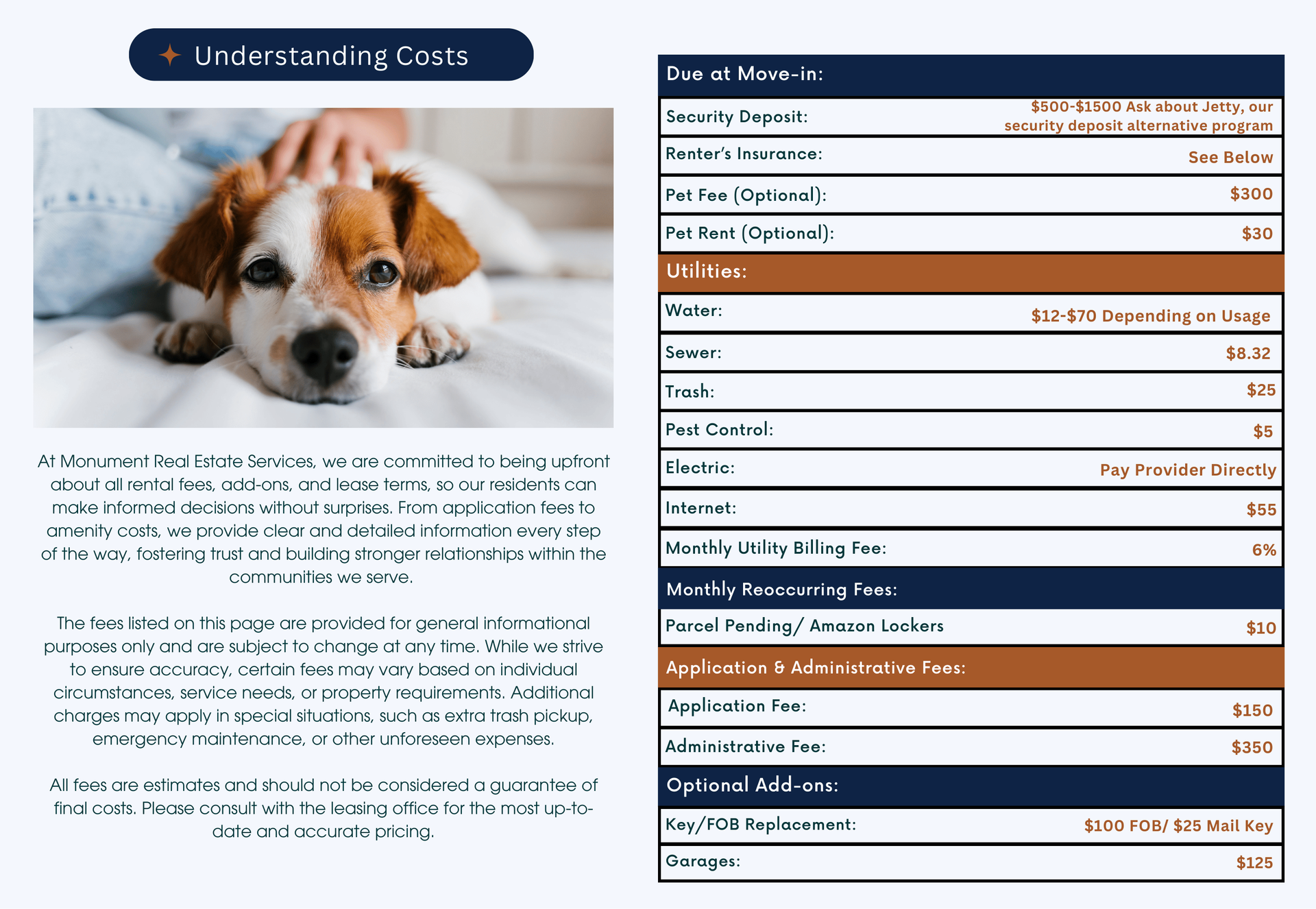 Dog lying down with fee information table.